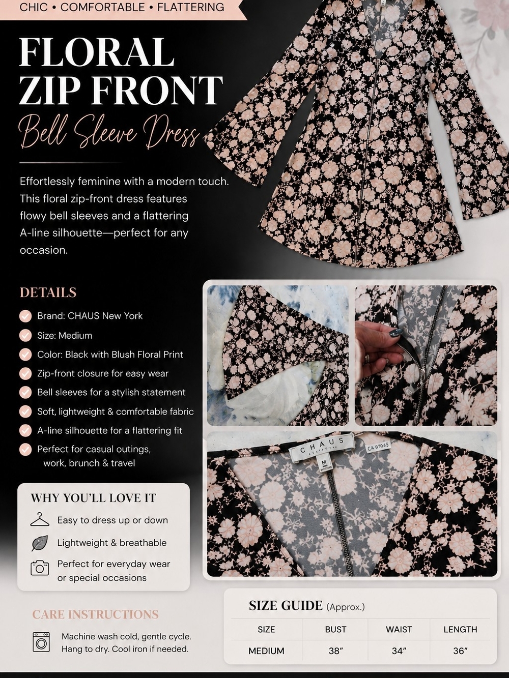 Chaus Black and Blush Floral Zip‑Front Bell Sleeve Dress